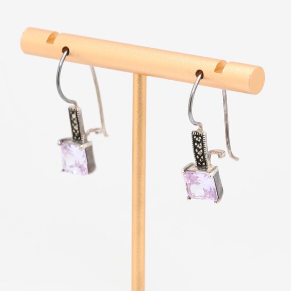 Vintage Sterling Silver Marcasite CZ Fish Hook Earrings - Picture 5 of 5